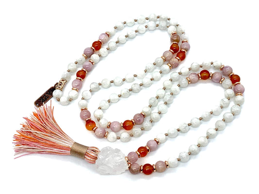 Lunessa Mala Necklace – Hand Knotted Moonstone, Kunzite & Carnelian with Raw Quartz Guru | 8mm 108 Beads | Crown-to-Sacral Chakra Alignment | June & July Birthstones | Ethically Sourced