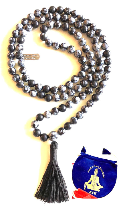 Snowflake Obsidian Mala Beads Necklace, 8mm 108 Mala Beads, Capricorn and Virgo Birthstone Crystal Gemstones