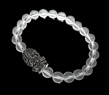 8mm Clear Crystal Quartz beaded stretch bracelet with a silver intricate Ganesha  charm