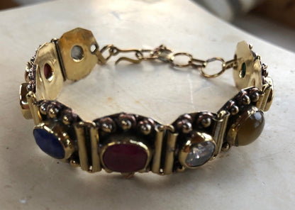Navratan Navratna Wrist Band Bracelet - 9 Planets Healing Gemstone Navaratna Lucky Charm Amulet for Malefic Planetary Effects (Cuff Link Bracelet Approx. L8"xW.75" Inch Adjustable)
