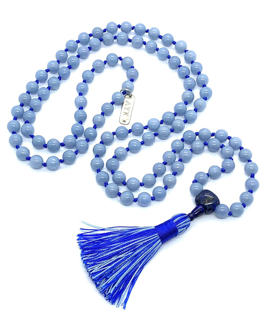 Knotted Blue Angelite Mala Beads Necklace,