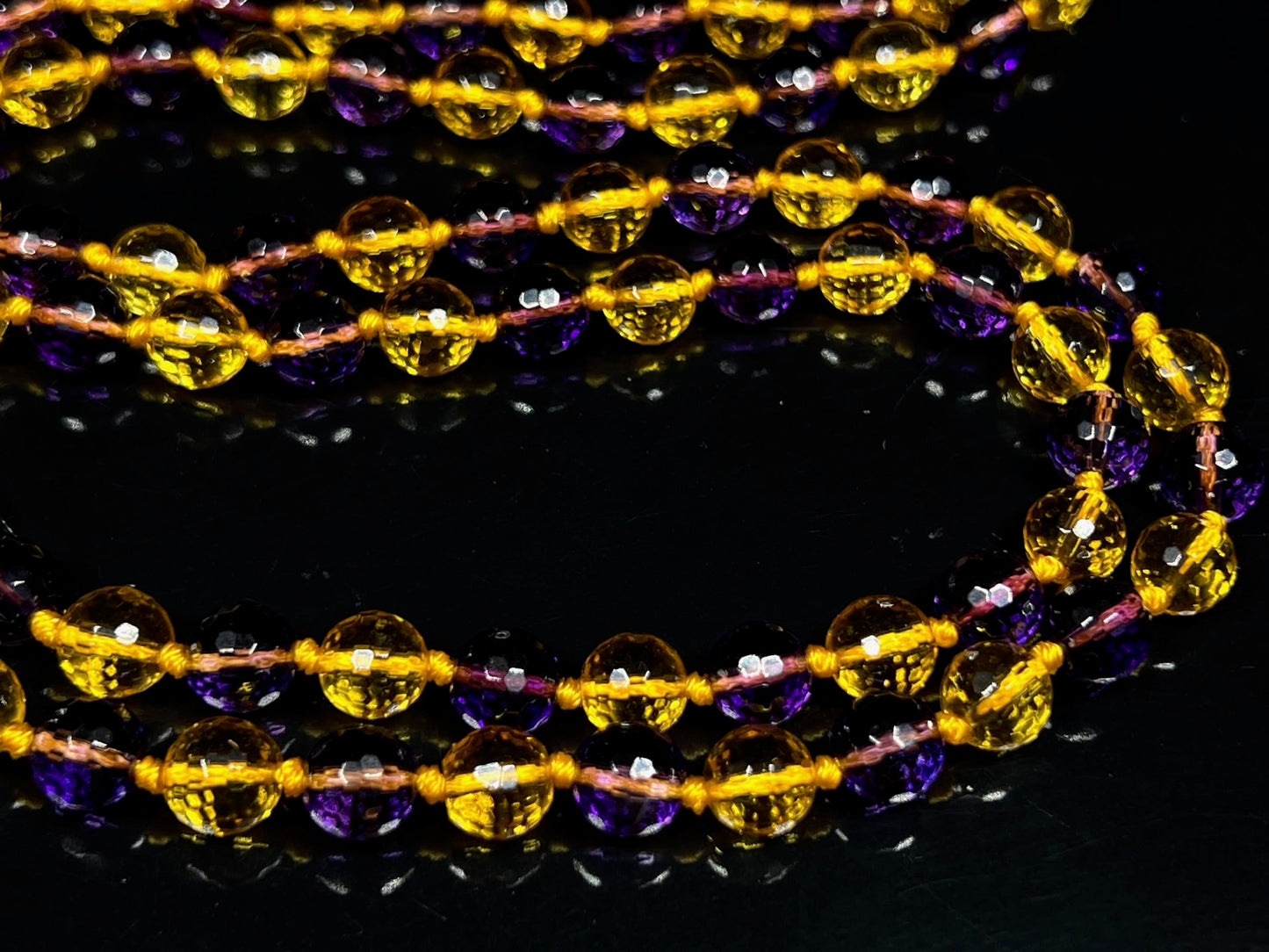 Sun & Moon Harmony Beaded Necklace – Faceted Citrine & Amethyst Crystals | 8mm 108 Mala Beads | Solar Plexus & Crown Chakras | February & November Birthstones | Ethically Sourced