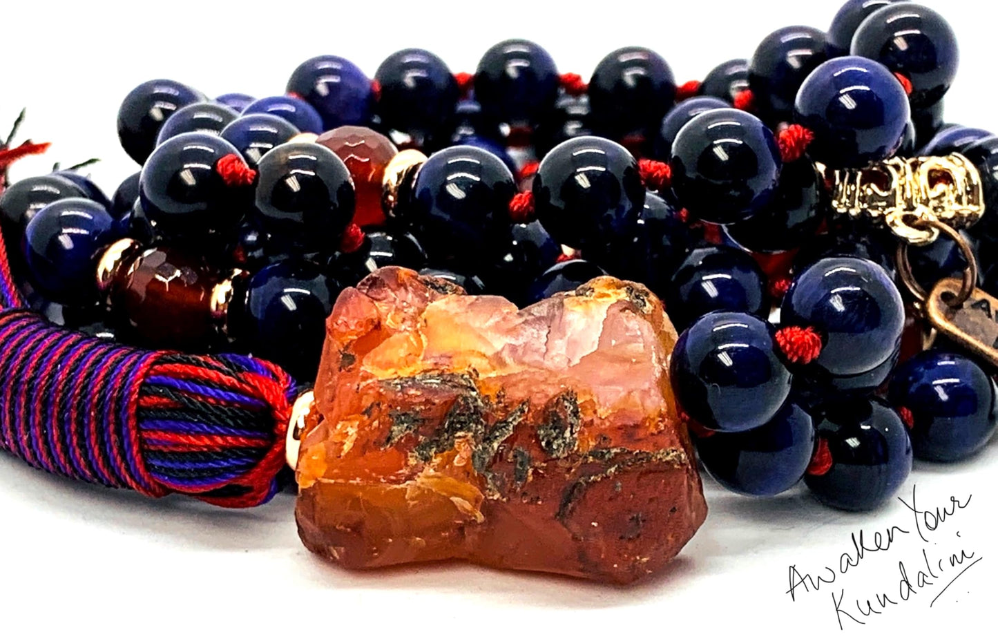 Hand Knotted Royal Vision Mala – Purple Tiger’s Eye with Faceted Carnelian Markers | 8mm 108 Beads | Third Eye & Sacral Chakras | July Birthstone Energy | Ethically Sourced