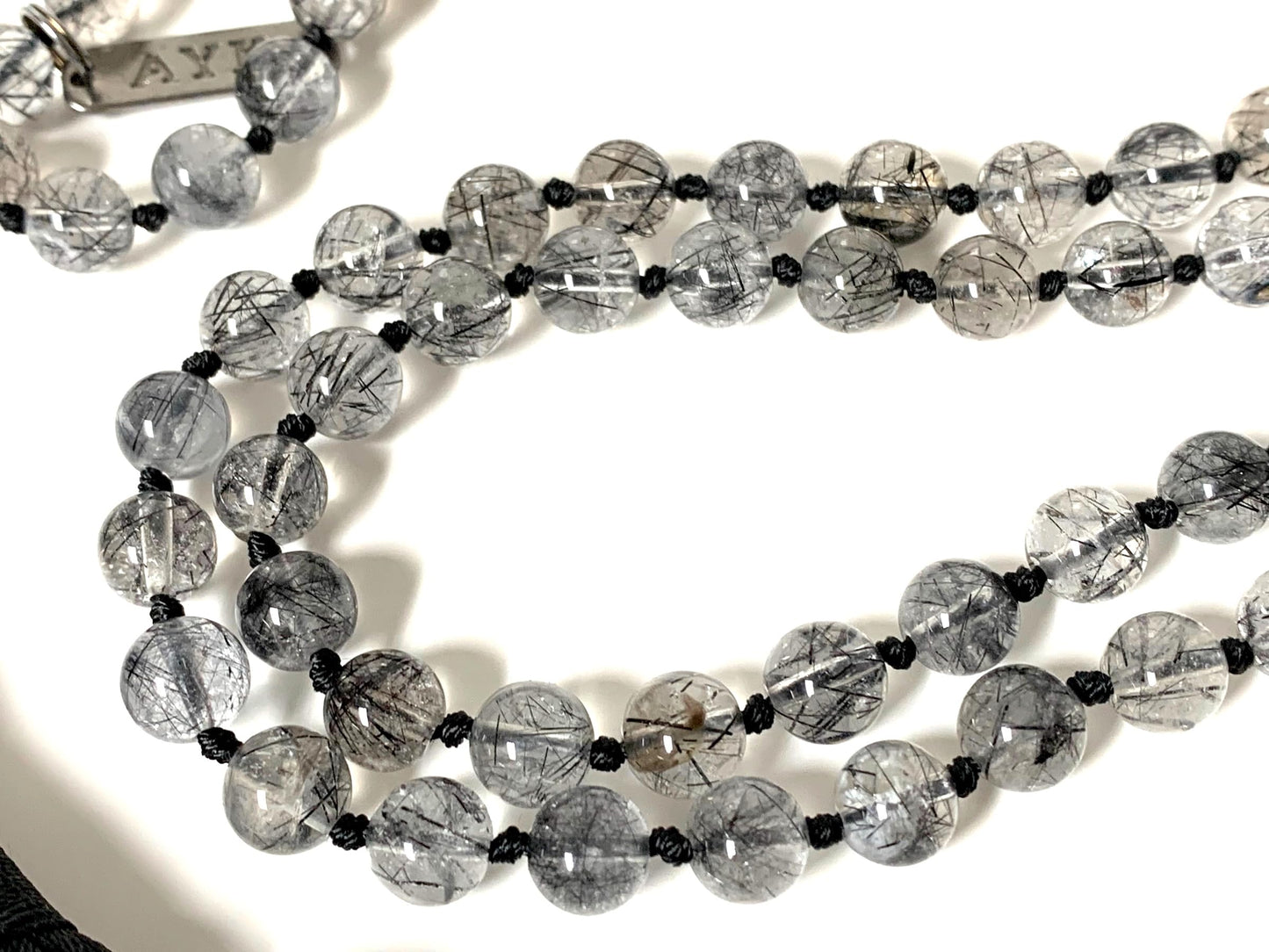AAA Grade Rutilated Quartz Mala Necklace with Black Tourmaline Guru Bead – Hand-knotted 8mm 108 Beads | Crown & Root Chakras | April Birthstone Energy | Ethically Sourced