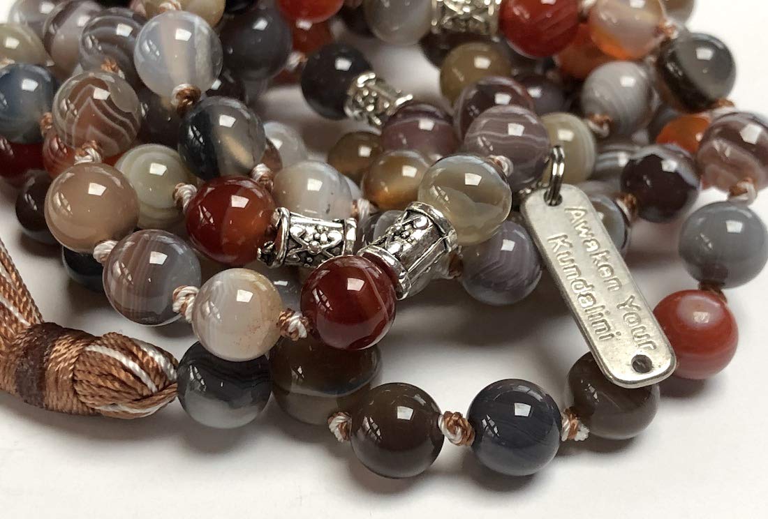 Certified Energized Mala Beads Necklace with COA - Chakra Mala - Japa Mala - 8mm 108 Buddhist Prayer Beads - Meditation Mala - Tassel Necklace – Zodiac/Sun Sign stones (Botswana Agate)