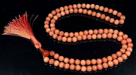 Faceted Orange Jade Mala Beads Necklace – 8mm, 108 Beads – Birthstone & Chakra Energy Beads for Spiritual Practices & Meditation