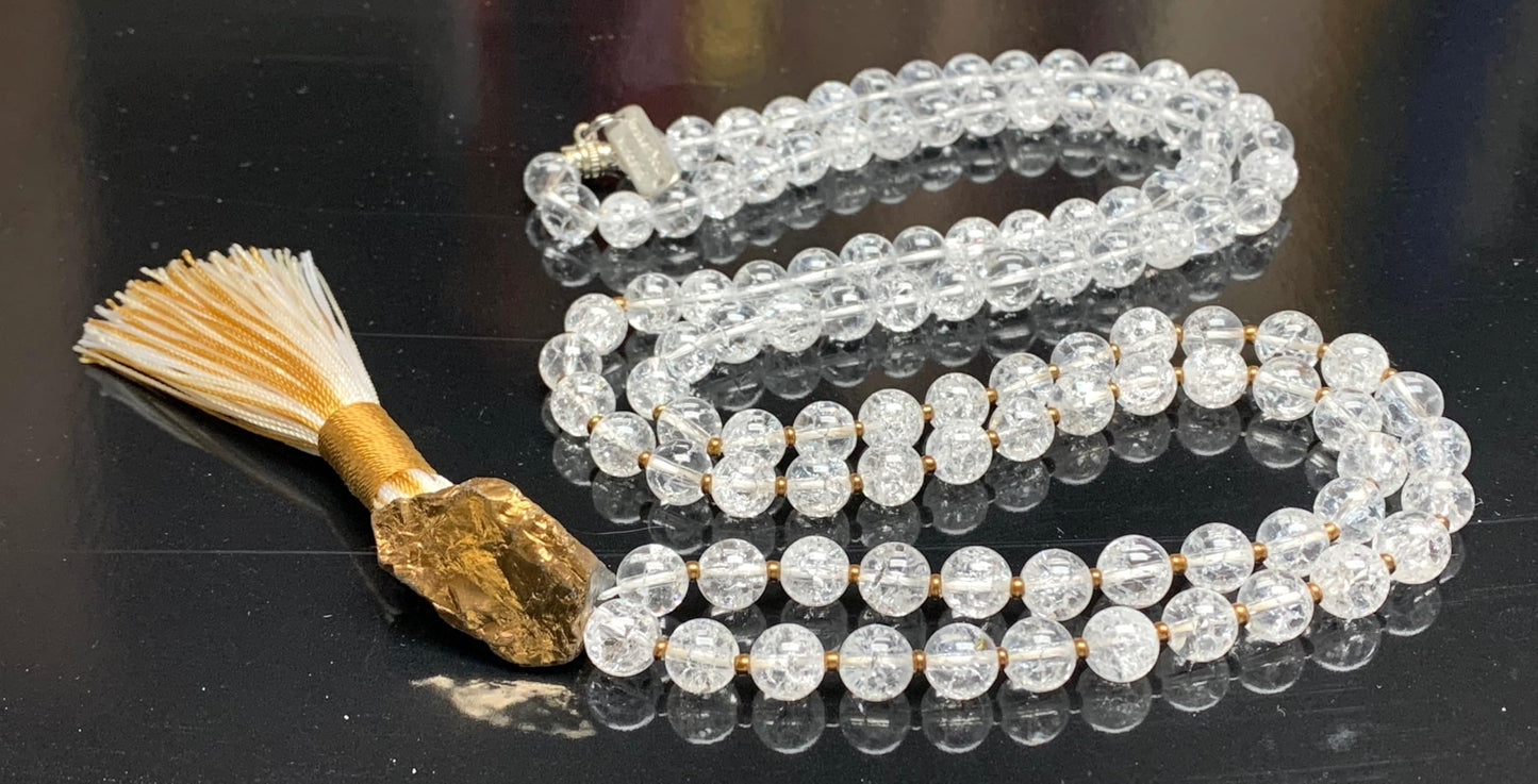 Nirvana Crystal Quartz Mala Beads Necklace – 8mm 108 Beads – Crown Chakra & All Zodiac Birthstones – Meditation Jewelry