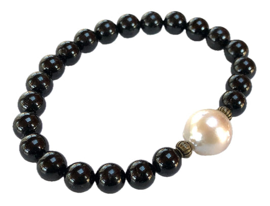 VESTA Black Tourmaline & 14MM Natural Pearl Bracelet | Grounding, Elegance & Protection | Root Chakra Energy | Handmade in USA