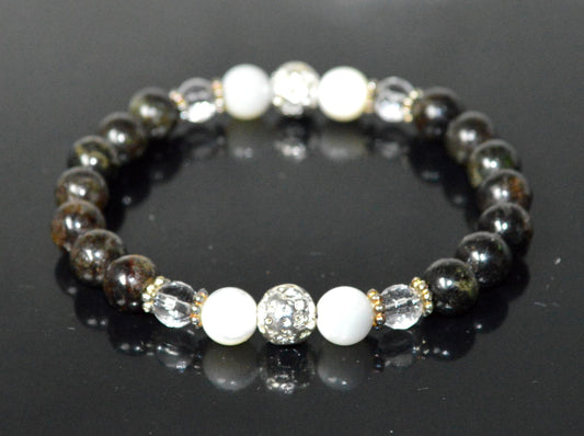 Astrophyllite, Crystal Quartz, Lava & Mother of Pearl Stretch Bracelet - Birthstone for April & June - Zodiac Sun Sign for Aries, Taurus, Gemini Cancer - Crown Chakra