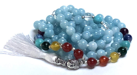 Energized 7 Chakra mala Hand Knotted 108 mala beads necklaces - Japa mala - Buddhist prayer beads - Meditation beads - Healing crystals for men women (Sky Blue Jade 5th chakra Throat chakra mala)