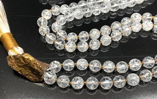 Handmade Himalayan Ice Crystal Quartz Mala Beads Necklace – Pyrite Guru Bead | 8mm 108 Beads | Crown & Solar Plexus Chakras | April Birthstone Energy | Ethically Sourced
