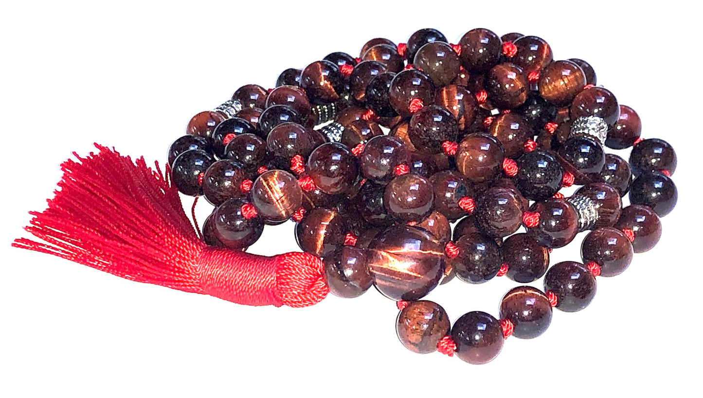 Red Tiger's Eye Mala Necklace, Hand Knotted, Scorpio Birthstone, Sacral Chakra