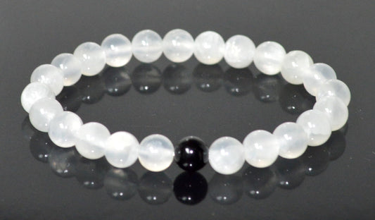 Selenite and Tourmaline Stretch Bracelet – Crown Chakra, Cancerian Birthstone