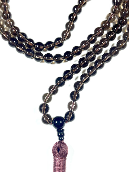 Handmade Smoky Quartz Mala Beads Necklace | 6mm & 8mm 108 Beads | Hand-Knotted Spiritual Energy Beads | Capricorn Birthstone & Root Chakra Connection