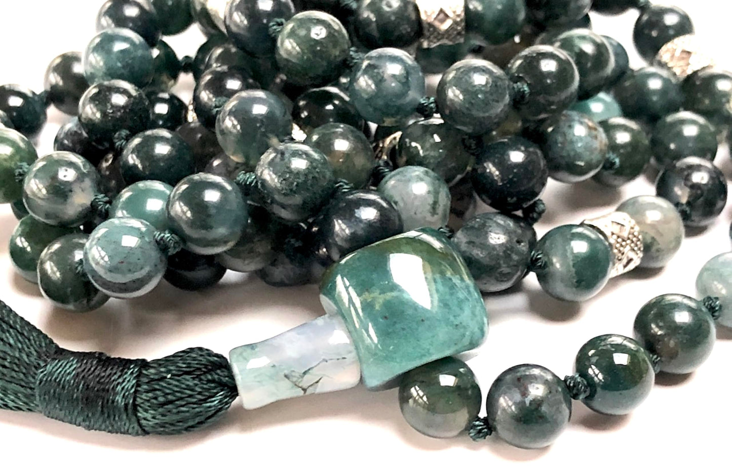 Certified Energized Mala Beads Necklace with COA - Chakra Mala - Japa Mala - 8mm 108 Buddhist Prayer Beads - Meditation Mala - Tassel Necklace – Zodiac/Sun Sign stones (Moss Agate)