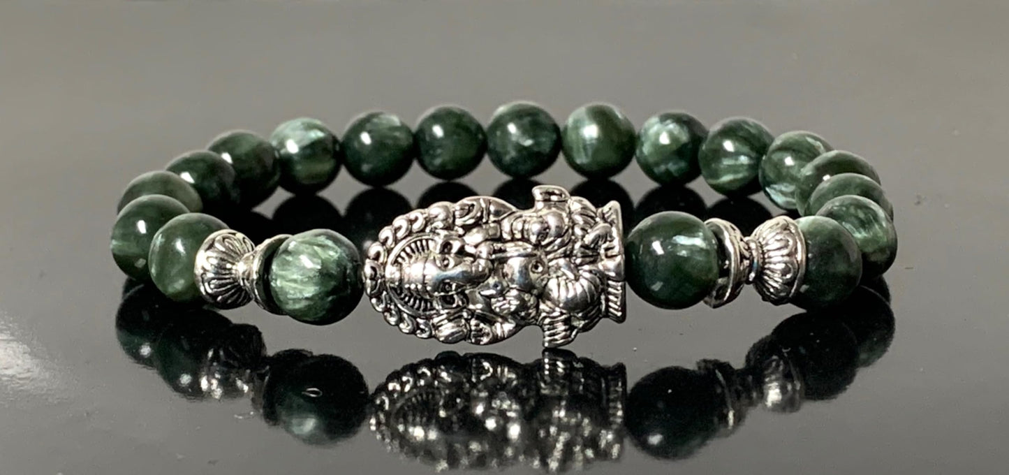 Seraphinite Stretch Bracelet with Choice of Alloy Silver Finish Mother Mary & Holy Cross or Lord Ganesha - Universal Birthstone - Heart & Crown Chakra