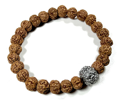 5 Mukhi Chikna Rudraksha with Parad (Mercury) Bead Stretch Bracelet – Leo Birthstone, Mercury Astrological Sign, Heart Chakra