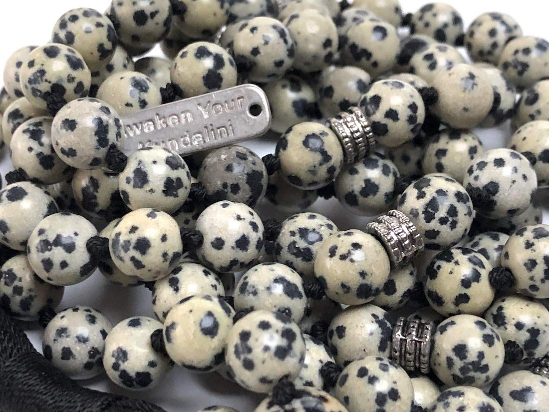 Dalmatian Jasper Mala Necklace: Virgo Birthstone - Balance & Harmony - Root & Crown Chakra (8mm Beads, 44 Inch Length)