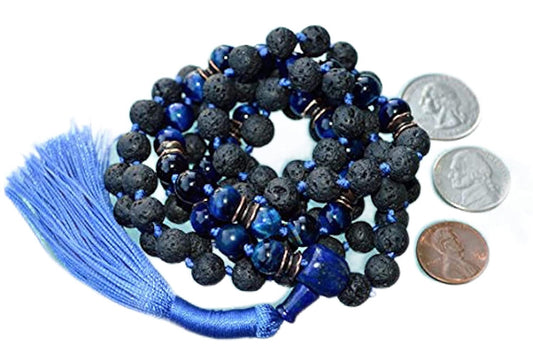 Handcrafted Blue Tigers Eye Lava Mala Necklace 108 Beads 8mm VULCAN Fire Element Collection Grounding Protection Focus EMF Shield Aromatherapy Meditation Jewelry AYK USA Volcanic Energy Sacred Beads