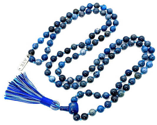 Hand Knotted Dumortierite Mala Necklace – 8mm | 108 Beads | Third Eye & Throat Chakras | September Birthstone Energy | Stone of Mental Clarity & Patience | Ethically Sourced