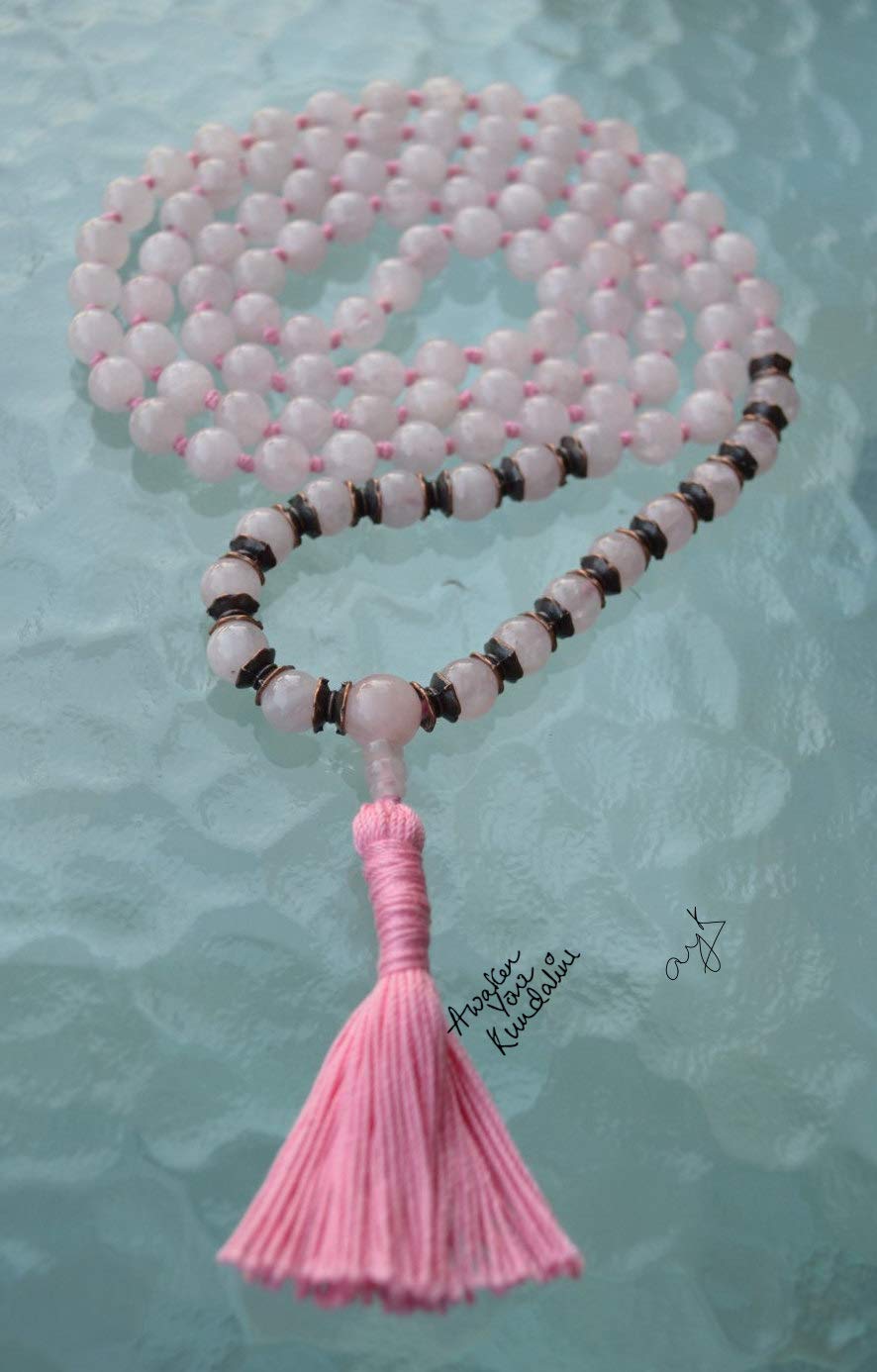 Rose Quartz Mala Beads Necklace, Healing Heart Chakra Mala, Pink Jewelry, Knotted 10mm 108 Beads Rosary