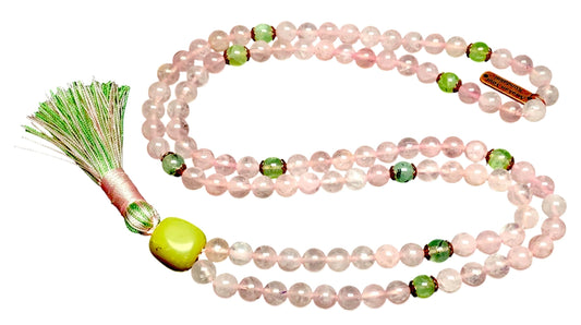 Handmade Blossoming Heart Mala – Rose Quartz & Prehnite Beads | 8mm 108 Beads | September & October Birthstones | Ethically Sourced