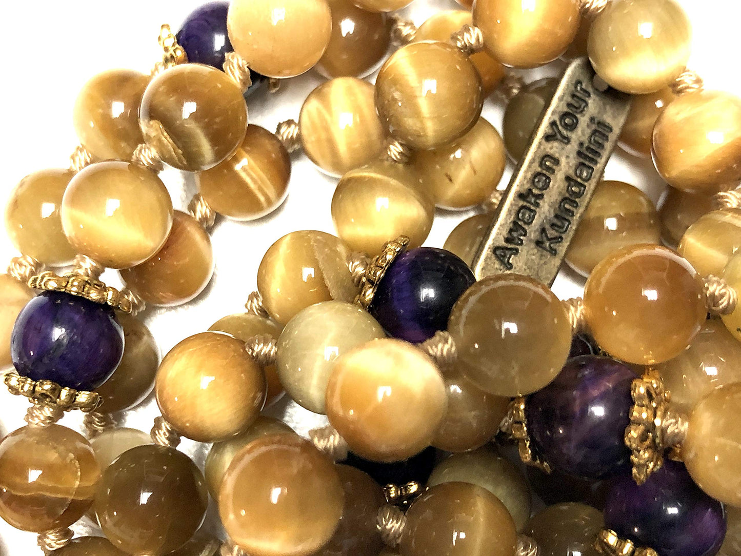 Hand-knotted Golden & Purple Tiger's Eye Mala Beads Necklace - Leo & Sagittarius Birthstone, Astrological Sun Sign Necklace, Solar Plexus & Crown Chakra