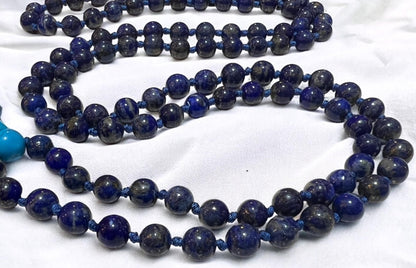 Hand Knotted 10mm Lapis Lazuli Mala Beads Necklace | Third Eye & Throat Chakra Healing | Intuition & Communication Boost - Natural Undyed