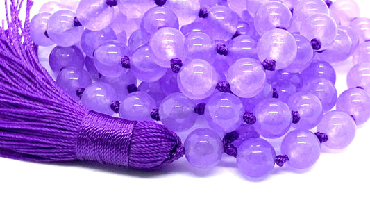Hand Knotted Royal Harmony Mala Necklace – Natural Purple Jade Beads | 8mm 108 Prayer Beads | Third Eye & Crown Chakras | February Birthstone Energy