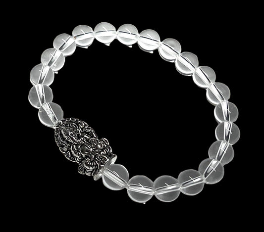 8mm Clear Crystal Quartz beaded stretch bracelet with a silver intricate Ganesha  charm