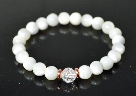 Mother of Pearl & Himalayan Ice Crystal Quartz Bracelet - Gemini & Cancer Birthstone - Heart & Crown Chakra Jewelry