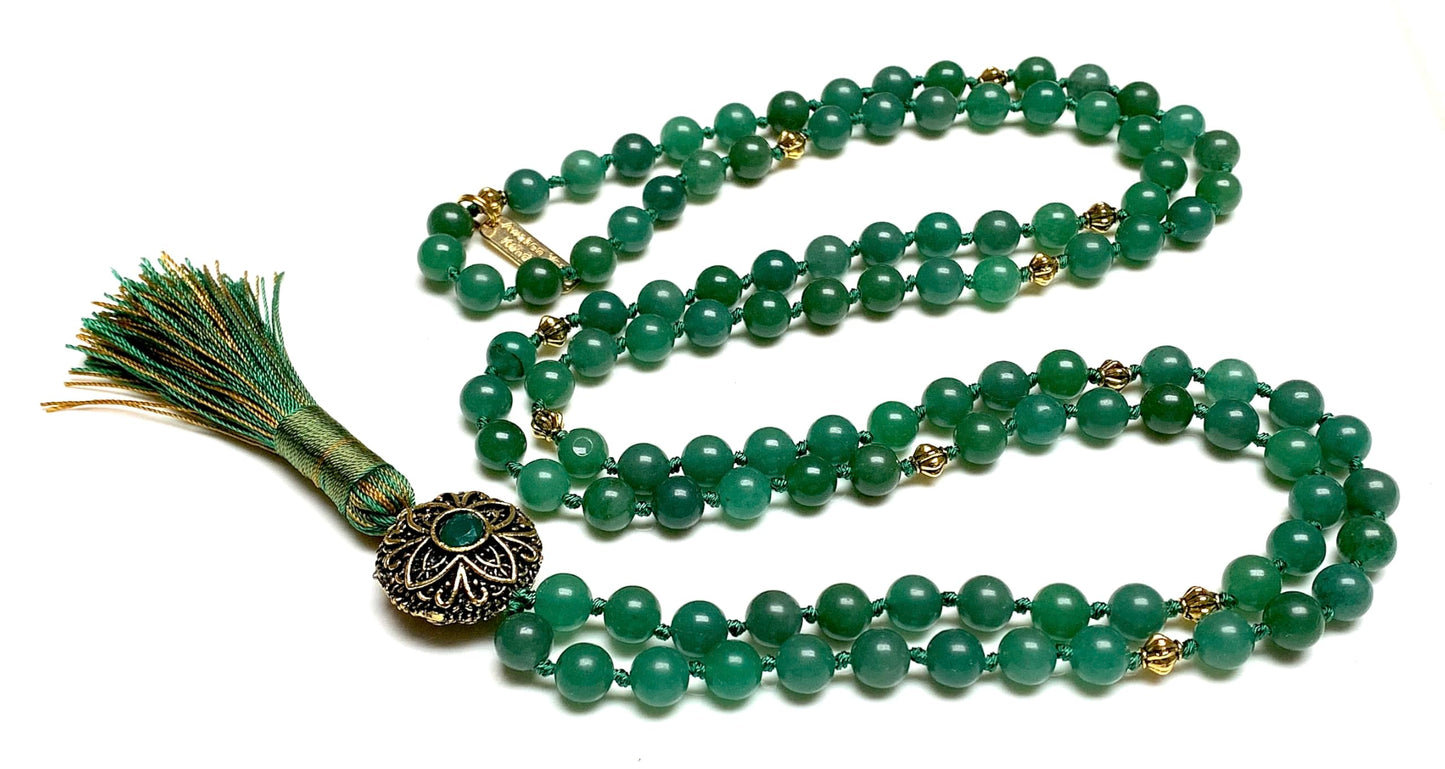 AERIS Green Aventurine Mala Necklace | 108 Hand-Knotted Beads for Creativity, Emotional Healing & Heart Chakra Balance | Taurus & Virgo Birthstone | Handmade in USA