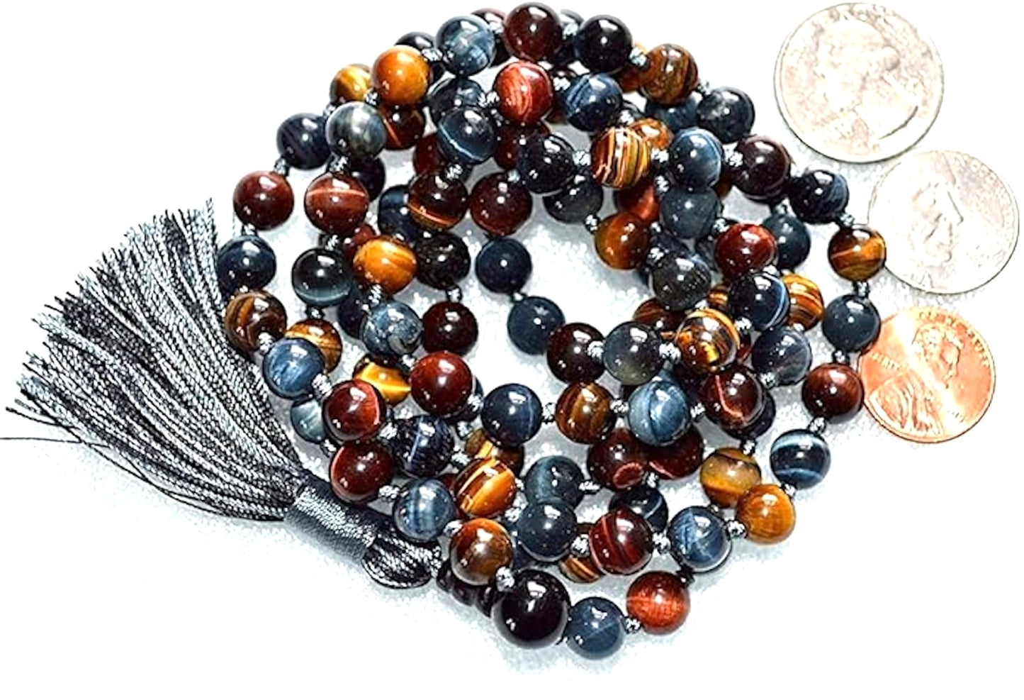 AWAKEN YOUR KUNDALINI Hand Knotted Multi-Color Tiger's Eye and Hawk's Eye Mala Necklace - Embrace Balance and Strength