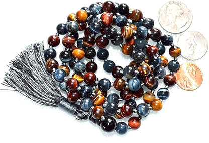 AWAKEN YOUR KUNDALINI Hand Knotted Multi-Color Tiger's Eye and Hawk's Eye Mala Necklace - Embrace Balance and Strength