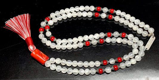 Selenite & Red Coral Mala Beads Necklace | 8mm 108 Beads | Crown & Root Chakras | Birthstones Jewelry | Ethically Sourced - Ocean Light