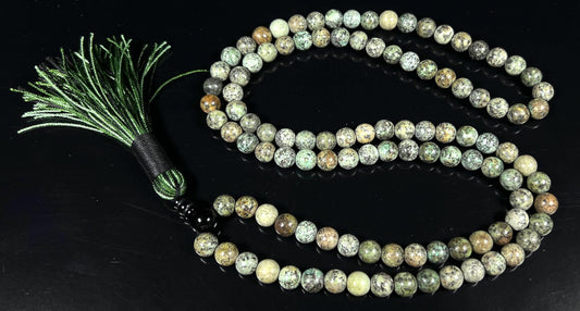 Handmade Natural & Rare African Turquoise Mala Beads Necklace | 8mm 108 Beads | Transformation & Growth Mala | Sagittarius Birthstone & Third Eye Chakra