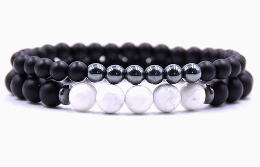 Black Agate Onyx Abrazine Hematite Howlite 2-Pcs Bracelet Set – Leo Birthstone, Root Chakra