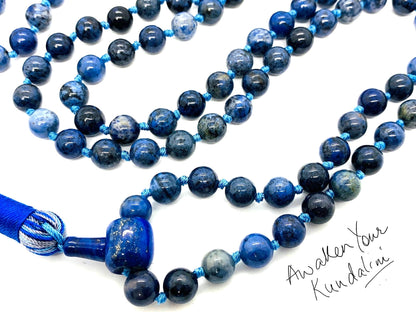 Hand Knotted Dumortierite Mala Necklace – 8mm | 108 Beads | Third Eye & Throat Chakras | September Birthstone Energy | Stone of Mental Clarity & Patience | Ethically Sourced