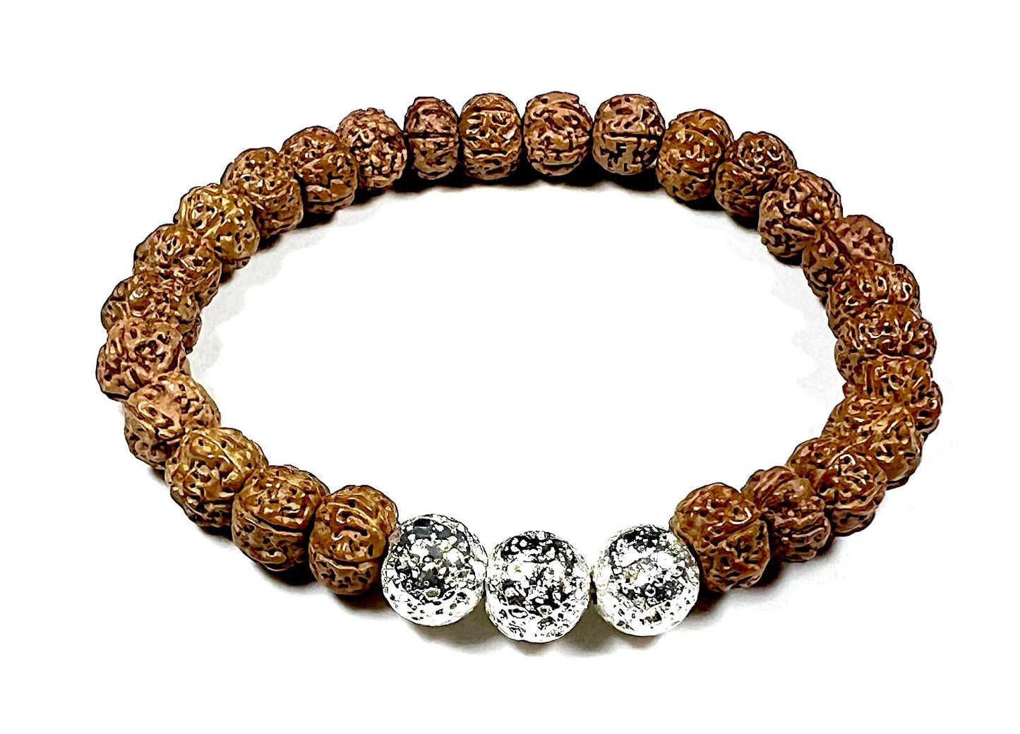 VULCAN Rudraksha & Silver-Plated Lava Bracelet | 8mm Stretch Design