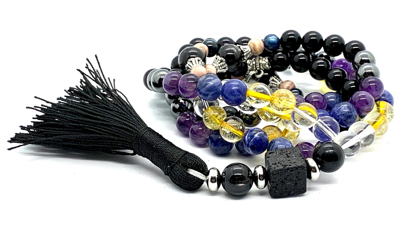 Empath Support Mala Beads Necklace – 8mm Gemstones & 12mm Lava Square | 108 Beads | 8 Protective Stones | Root to Crown Chakra Alignment | Ethically Sourced