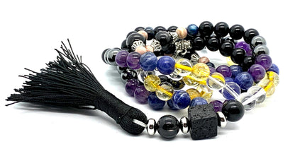 Empath Support Mala Beads Necklace – 8mm Gemstones & 12mm Lava Square | 108 Beads | 8 Protective Stones | Root to Crown Chakra Alignment | Ethically Sourced