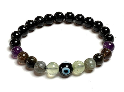 Protection Bracelet - February & October Birthstone Jewelry - Root & Third Eye Chakra - Evil Eye, Black Tourmaline, Prehnite, Labradorite Stretch Bracelet