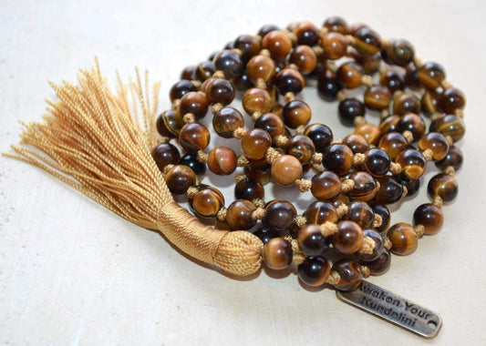 Hand Knotted Tiger's eye Tigereye Tiger eye mala beads necklace 108+1 Buddhist prayer beads Energized AAA Grade meditation beads - w/Velvet or 100% Jute pouch (GOLDEN BEIGE, Bead size 6 mm)