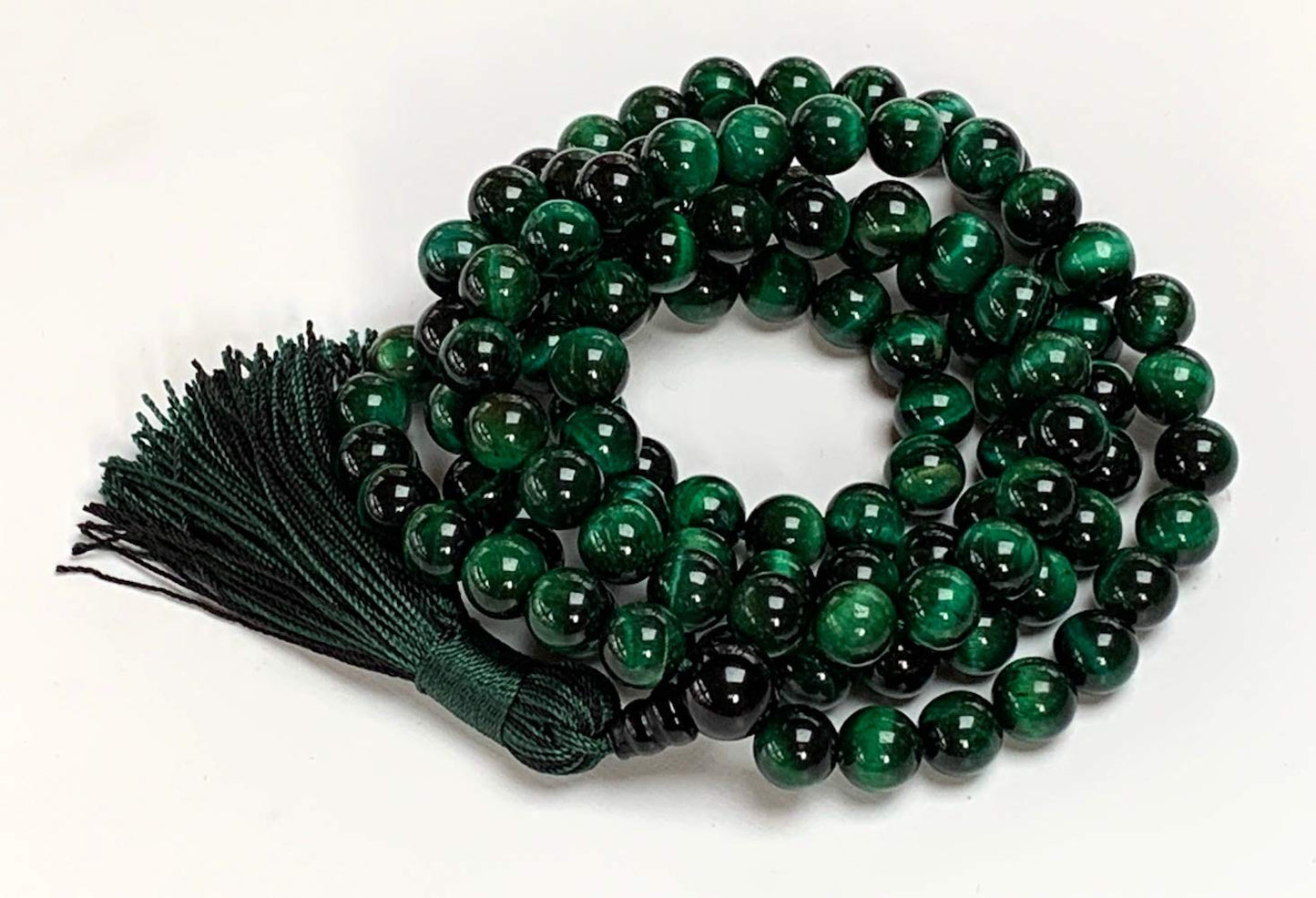 Tiger Eye Tiger's Eye Mala Beads Necklace 3rd Chakra Throat Chakra Healing Crystals 108 Prayer Beads - Grounding Integrity Will Power Intution Insomnia Libido Powerful (GREEN, Bead size 8 mm)