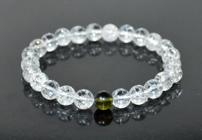 Himalayan Ice Crackled Crystal Quartz and Moldavite Stretch Bracelet – Taurus Birthstone – Universal Sun Sign – Heart Chakra, Spiritual Energy Bracelet