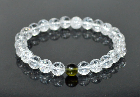 Himalayan Ice Crackled Crystal Quartz and Moldavite Stretch Bracelet – Taurus Birthstone – Universal Sun Sign – Heart Chakra, Spiritual Energy Bracelet