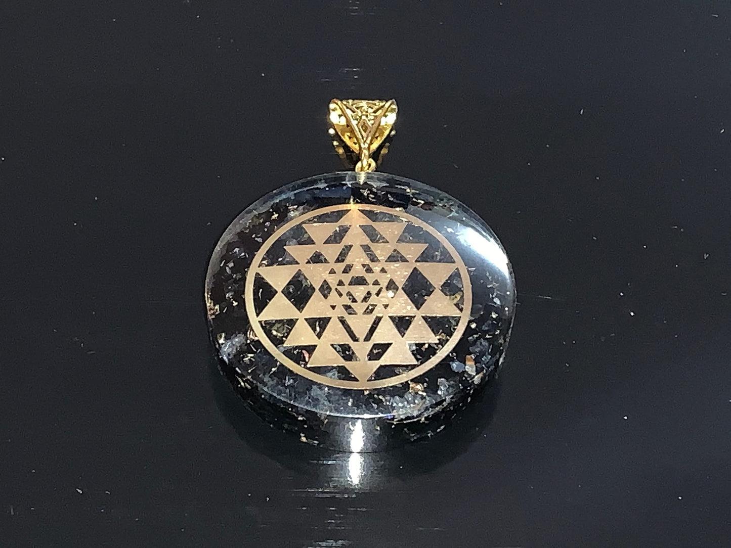 Shungite Sri Yantra Orgone Pendant Necklace, Aquarius Gemstone, Root & Crown Chakra
