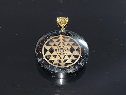 Shungite Sri Yantra Orgone Pendant Necklace, Aquarius Gemstone, Root & Crown Chakra