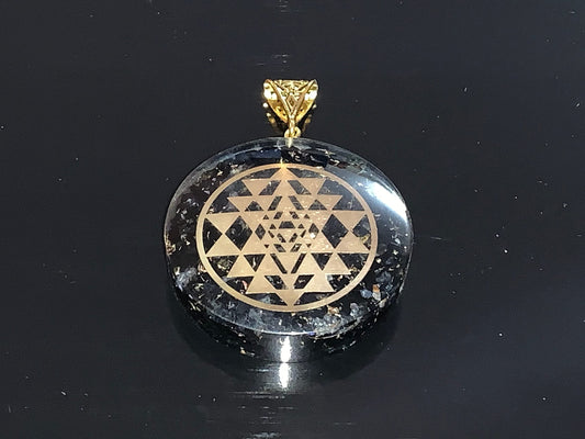 Shungite Sri Yantra Orgone Pendant Necklace, Aquarius Gemstone, Root & Crown Chakra