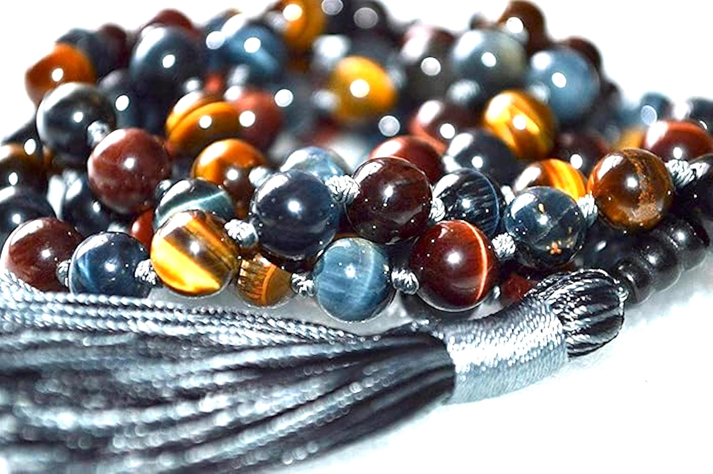 AWAKEN YOUR KUNDALINI Hand Knotted Multi-Color Tiger's Eye and Hawk's Eye Mala Necklace - Embrace Balance and Strength